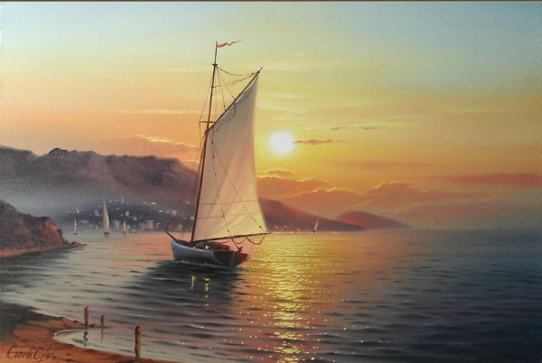 Яхта в море на рассвете