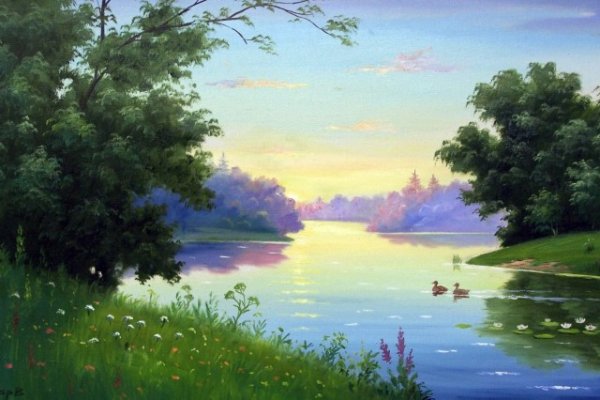 Пейзаж гуашью озеро