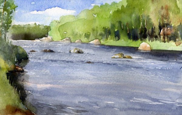 Пейзаж с речкой акварелью