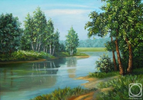 Пейзаж гуашью озеро