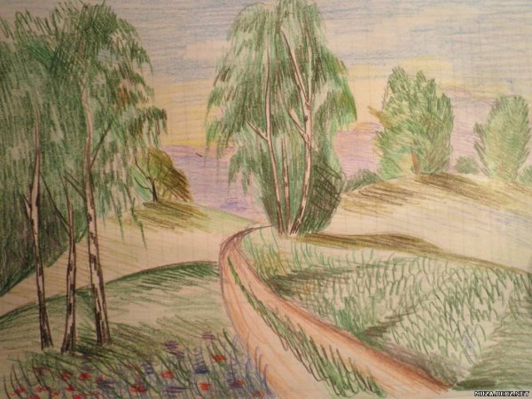 Осенний пейзаж цветными карандашами