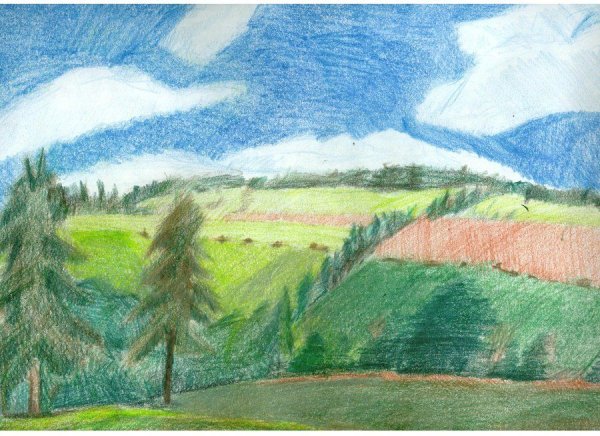 Пейзаж цветными карандашами для детей