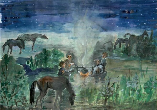 Ночное Выпас лошадей