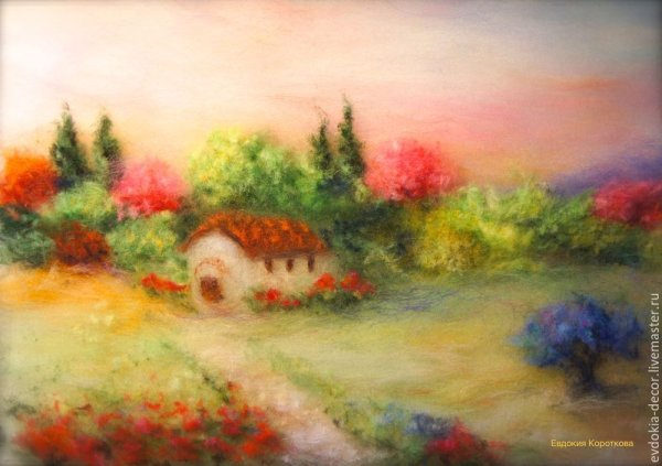 Картины шерстяная акварель деревенский пейзаж