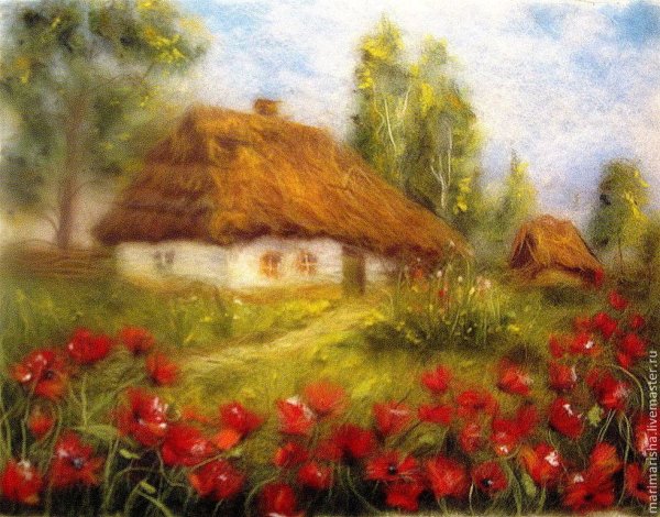 Шерстяная акварель деревня домик
