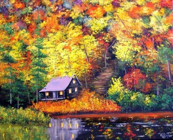 Пейзаж осень домик