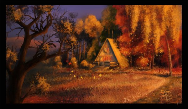 Осенний пейзаж с избушкой