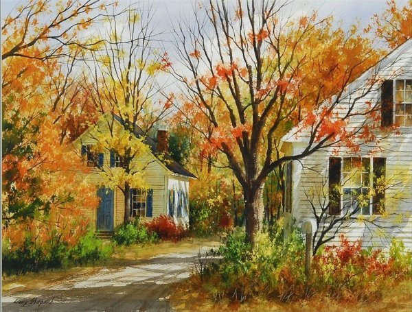 Деревня осенью акварелью