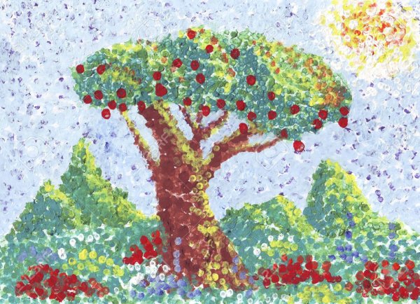 Техника пуантилизм дерево осеннее