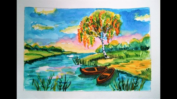 Пейзаж красками для школьников