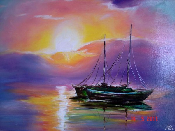 Корабль на закате акварелью