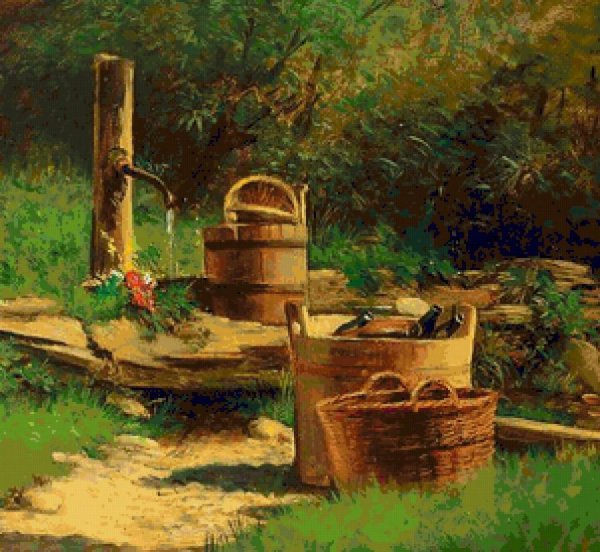 Деревенский пейзаж с колодцем