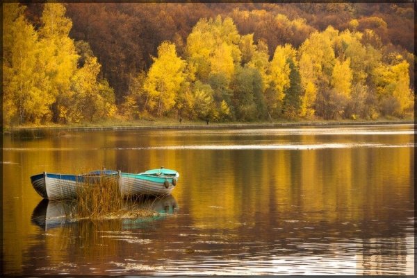 Лодка на реке осенью