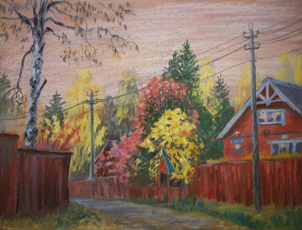 Деревенский пейзаж сухой пастелью