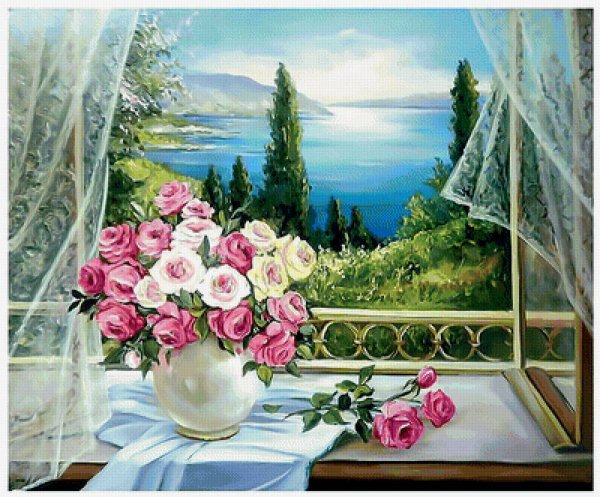 Цветы море окно