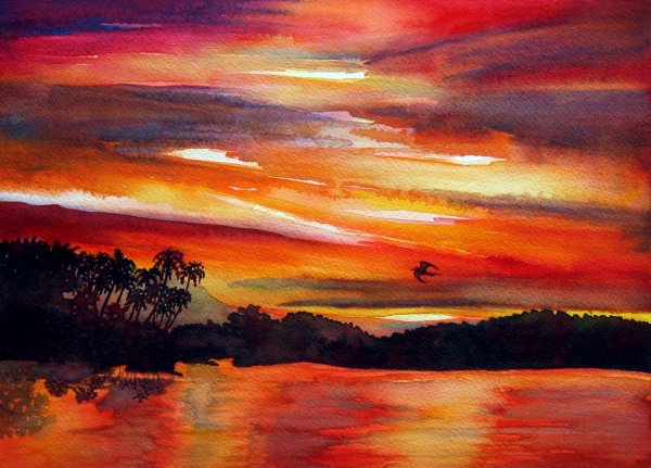 Закат акварелью для начинающих