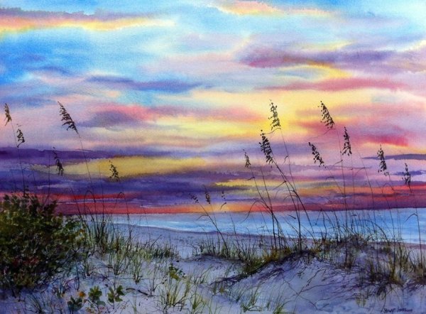 Рассвет на море акварель