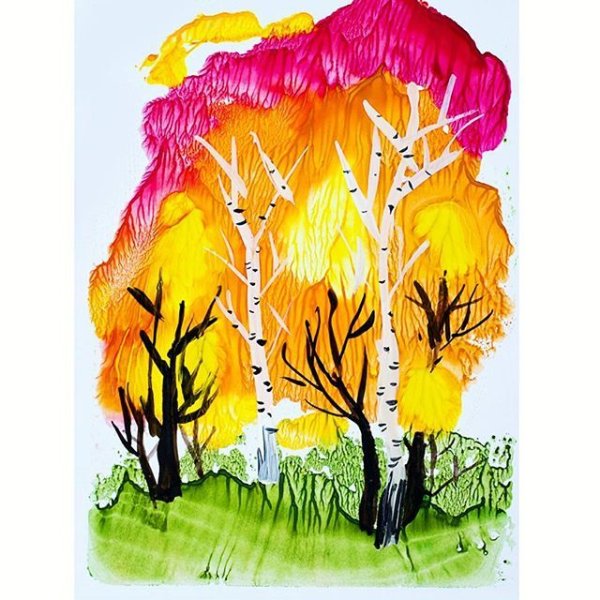 Монотипия Пейзажная осень отражение в воде