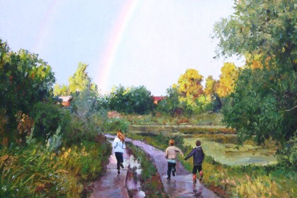 Живопись пейзаж с радугой