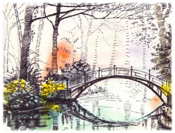 Пейзаж акварелью и гелевой ручкой