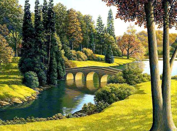 Пейзаж с мостиком живопись