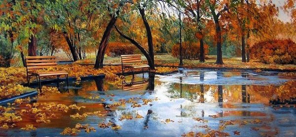 Осень скамейка в парке живопись