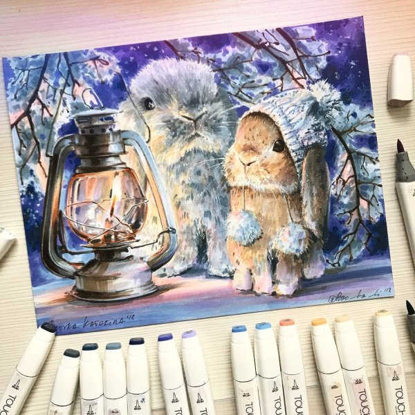 Новогодний рисунок пейзаж маркерами