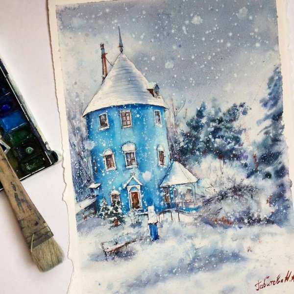 Зимние домики акварель
