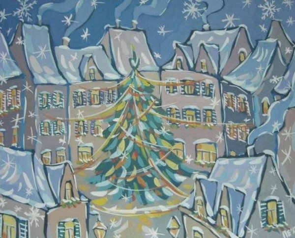 Зимний городской пейзаж гуашью