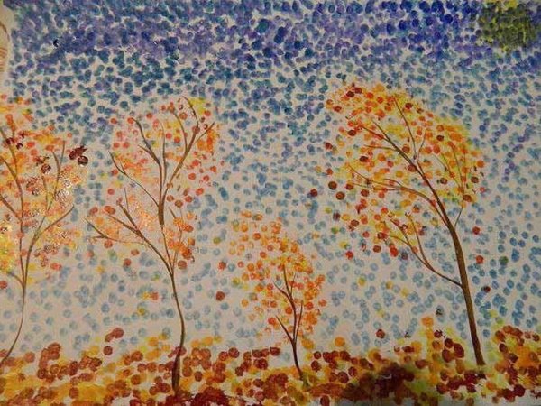 Техника пуантилизм дерево осеннее
