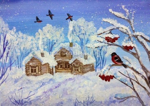 Детский зимний пейзаж гуашью