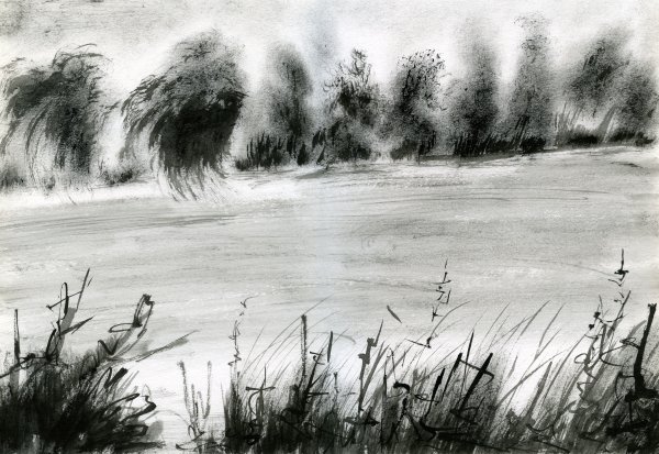 Пейзаж в технике сухая кисть