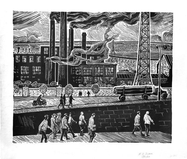 Индустриальный пейзаж линогравюра