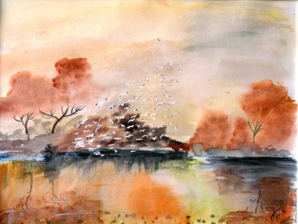 Акварельный пейзаж по сырому