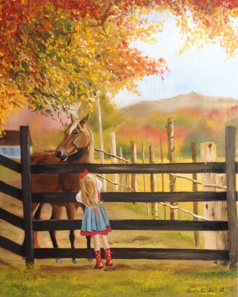 Деревенский пейзаж с лошадьми