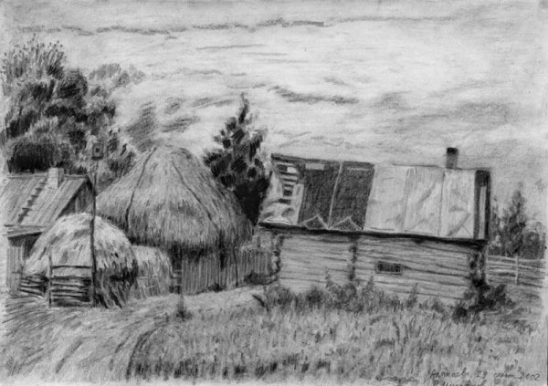 Деревенский пейзаж карандашом
