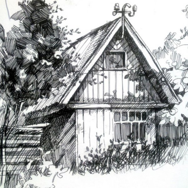 Деревенский пейзаж в графике