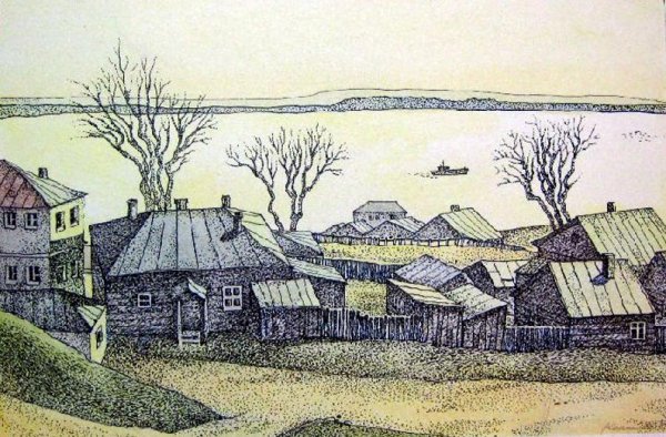 Деревенский пейзаж в графике