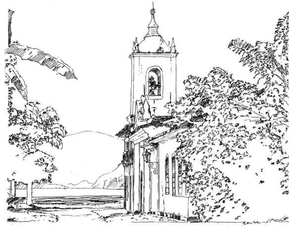 Пейзаж с элементами архитектуры карандашом