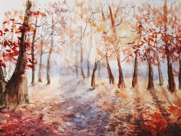 Художник акварелист осенний лес