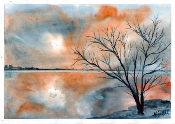 Пейзаж с деревьями акварелью для начинающих