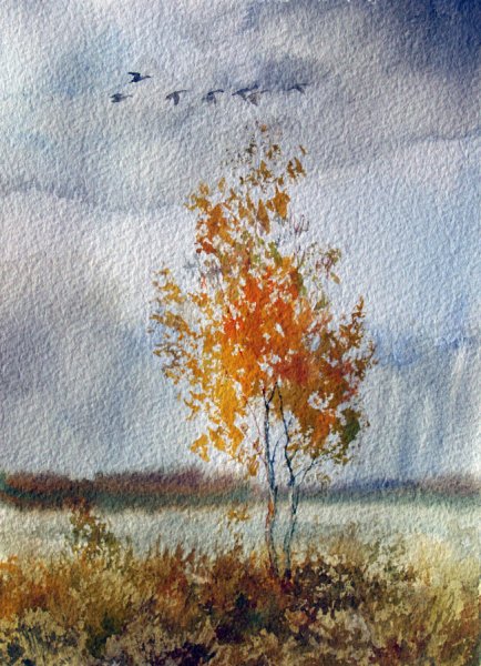 Осенний пейзаж акварелью