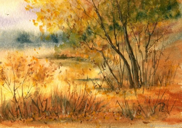Осенний лес акварелью