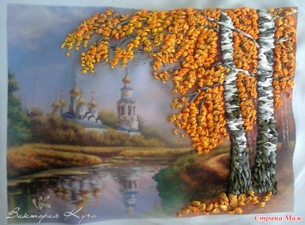 Вышивка лентами березы