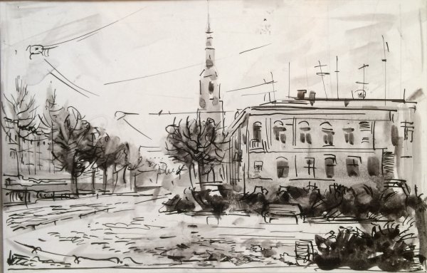 Линогравюра городской пейзаж