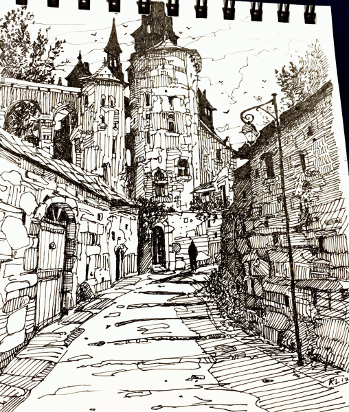 Графический пейзаж гелевой ручкой