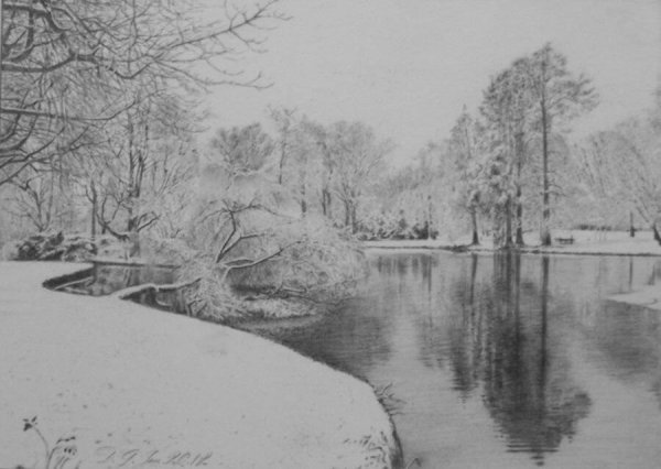 Зимний пейзаж карандашом