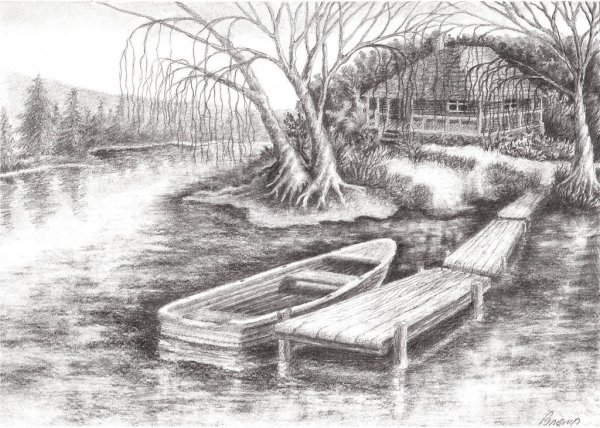Водный пейзаж карандашом
