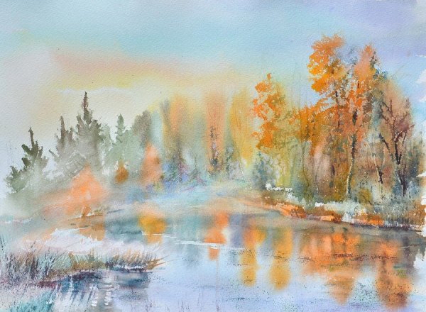 Акварельный пейзаж по сырому