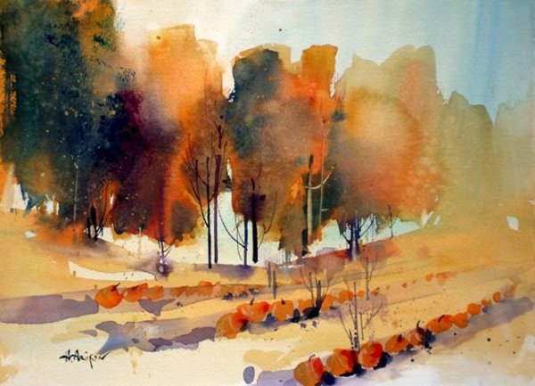 Пейзаж в технике по сырому